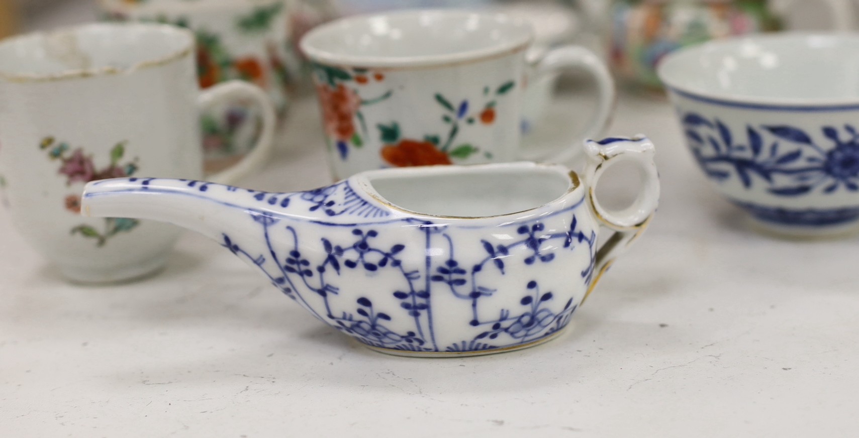 A group of mixed Chinese porcelain, 18th century and later, tallest item blue and white vase 29cms high.